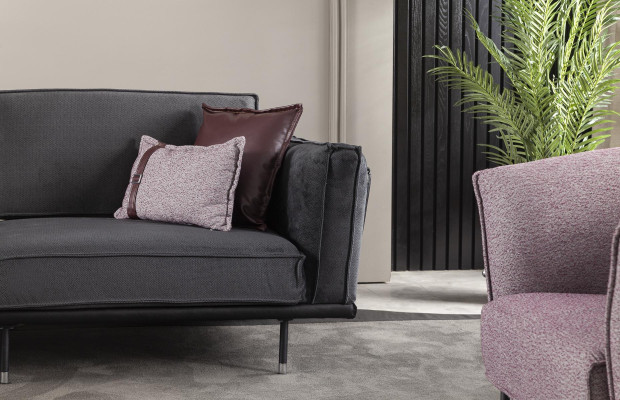 Ιταλικού στυλ έπιπλο, γκρι καναπές, μαξιλάρια, λοφτ, 3 κομμάτια