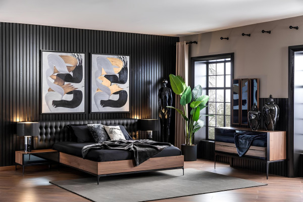 Σύνολο επίπλων κρεβατοκάμαρας Τέλειο σύνολο Μαύρο κρεβάτι Ντουλάπα Κομοδίνο 8 κομμάτια