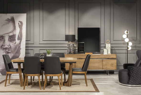 Σύνθεση τραπεζαρίας 9 τεμαχίων με τραπέζι, καρέκλες και έπιπλα