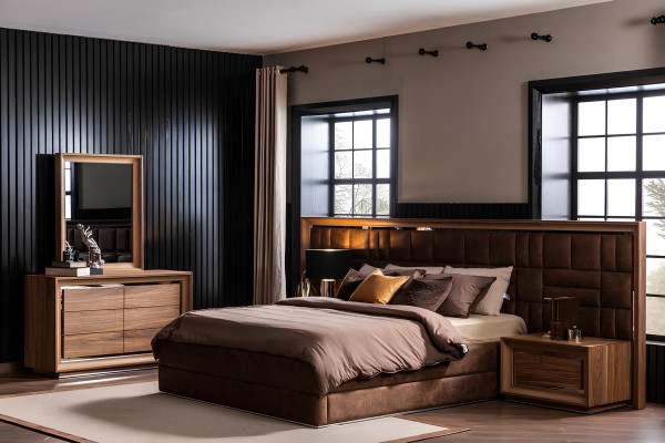 Σύνθεση επίπλων υπνοδωματίου με κρεβάτι + πολυτελή κομοδίνα σε καφέ