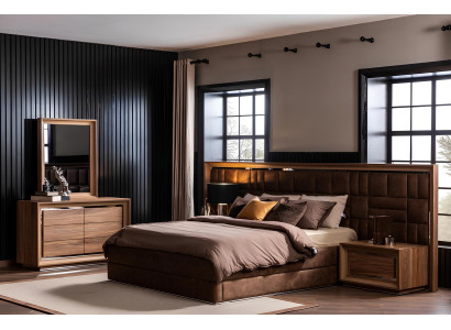 Σύνθεση επίπλων υπνοδωματίου με κρεβάτι + πολυτελή κομοδίνα σε καφέ