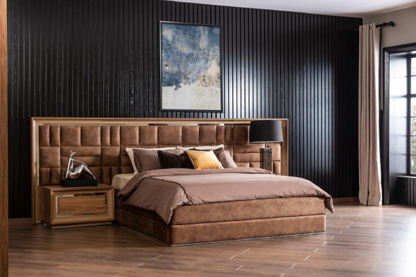 Σύνθεση επίπλων υπνοδωματίου με κρεβάτι + πολυτελή κομοδίνα σε καφέ