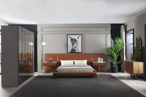 Πορτοκαλί κρεβάτι σε δύο μέρη με 2 κινητά κομοδίνα, 3 κομμάτια