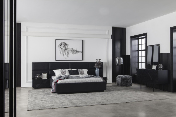 Σύνολο μαύρων επίπλων κρεβατοκάμαρας 4 τεμαχίων, πολυτελές σύνολο με νέο αποθηκευτικό χώρο