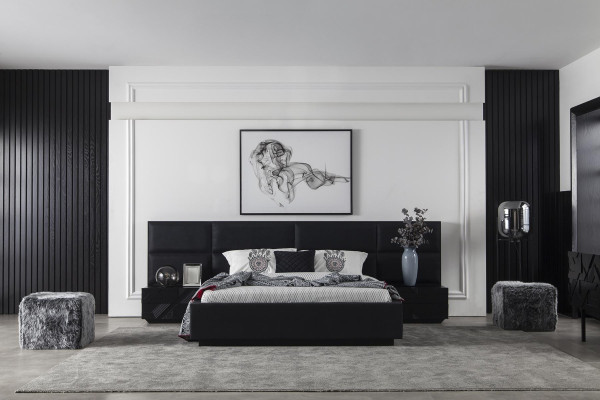 Έπιπλο κρεβατοκάμαρας Mustat, κομοδίνο 3 τεμαχίων, κρεβάτι από δέρμα