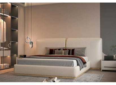 Μπεζ κρεβάτι πολυτελείας με χρυσές λεπτομέρειες, μοντέρνος σχεδιασμός, κεφαλάρι για την κρεβατοκάμαρα