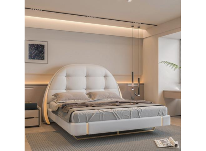 Πολυτελές γκρι κρεβάτι με χρυσές λεπτομέρειες και μοντέρνο σχέδιο με στρογγυλή κεφαλή