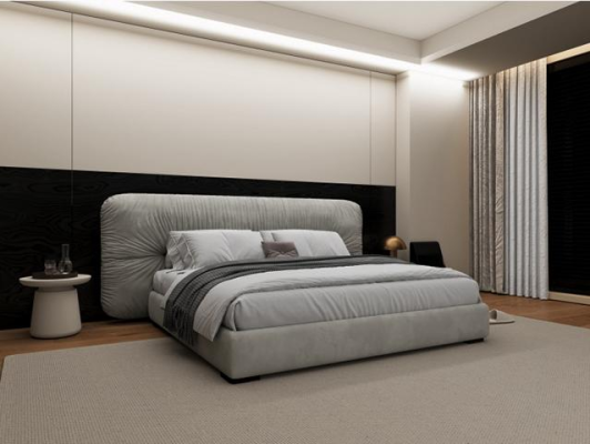 Πολυτελές γκρι κρεβάτι με μοντέρνα επενδεδυμένη κεφαλή