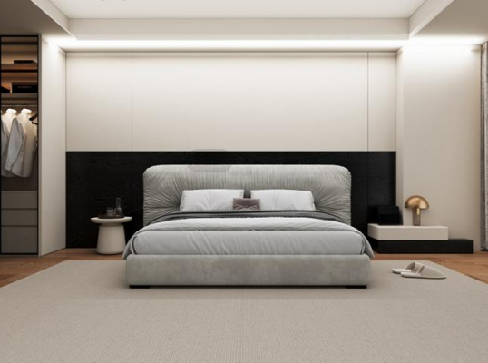 Πολυτελές γκρι κρεβάτι με μοντέρνα επενδεδυμένη κεφαλή