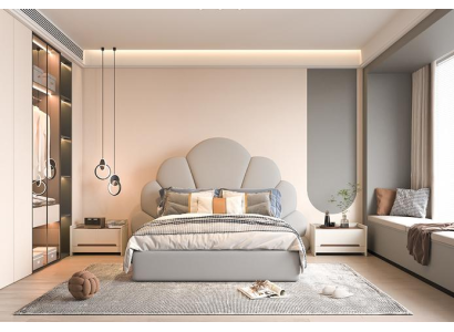 Μοντέρνο πολυτελές κρεβάτι με κεφαλάρι από ύφασμα με λουλούδια