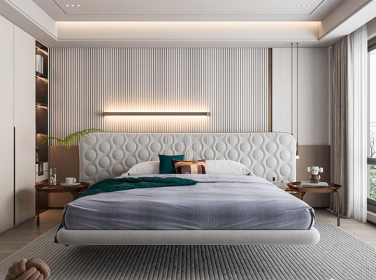 Μοντέρνο λευκό κρεβάτι με μινιμαλιστικό και στρογγυλεμένο σχέδιο