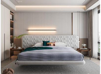 Μοντέρνο λευκό κρεβάτι με μινιμαλιστικό και στρογγυλεμένο σχέδιο