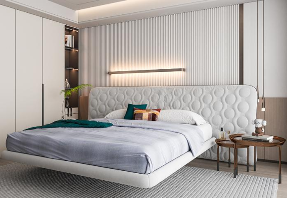 Μοντέρνο λευκό κρεβάτι με μινιμαλιστικό και στρογγυλεμένο σχέδιο