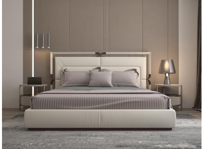 Μοντέρνο κρεβάτι πολυτελείας σε μπεζ χρώμα με καφέ λεπτομέρειες και κομψή κεφαλή