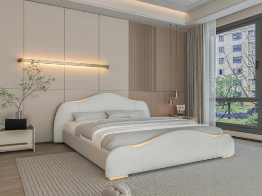 Μοντέρνο γκρι κρεβάτι με χρυσές λεπτομέρειες και κομψό κεφαλάρι