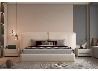 Κομψό κρεβάτι καλυμμένο με μπεζ σχέδιο