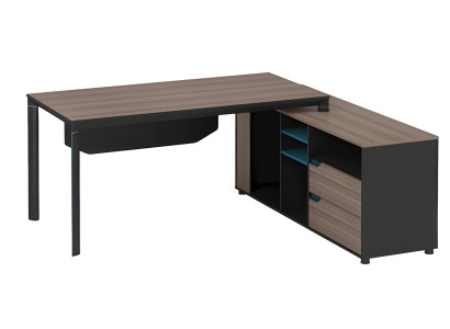 Μοντέρνο καφέ τραπέζι γωνίας από σκούρο ξύλο με ράφια και συρτάρια