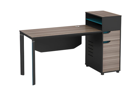 Γραφείο με εφέ ξύλου ruskean, εξοπλισμένο με αποθηκευτικό χώρο και διαχείριση καλωδίων για γραφείο