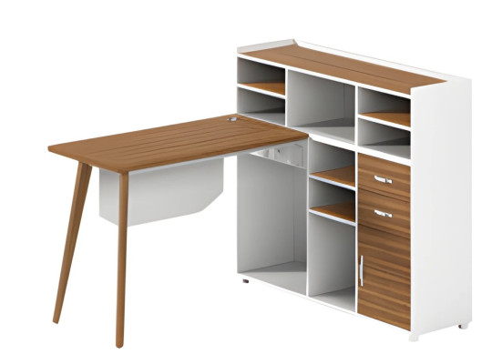 Λευκό ξύλινο τραπέζι με αποθηκευτικό χώρο, ανοιχτές θήκες και κομψά πόδια