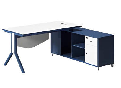 Κομψό τραπέζι με λευκή επιφάνεια και μπλε αποθηκευτικό χώρο