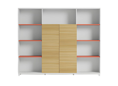 Κομψός επιτραπέζιος λαμπτήρας με ξύλινες ράφες και πορτοκαλί λεπτομέρειες