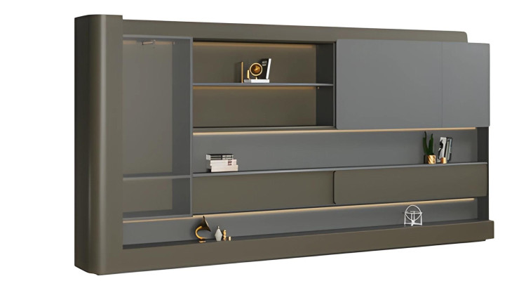 Μαύρη μοντέρνα γραφειακή ντουλάπα με γκρι LED φωτισμό και αποθηκευτικό χώρο