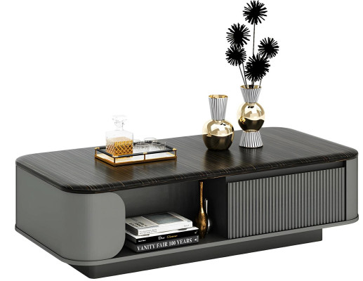 Μοντέρνο τραπέζι σαλονιού με κομψό σχέδιο και μαύρη επιφάνεια καθώς και ανοιχτές ράφια