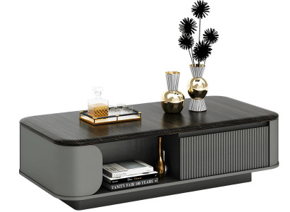 Μοντέρνο τραπέζι σαλονιού με κομψό σχέδιο και μαύρη επιφάνεια καθώς και ανοιχτές ράφια