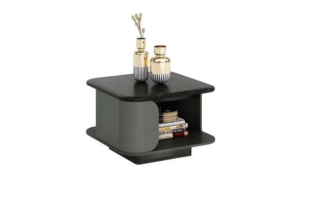 Μοντέρνο τραπέζι σαλονιού με συμπαγείς διαστάσεις και ανοιχτό επάνω μέρος, επιπλέον με μαύρη επιφάνεια