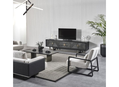 Σύνολο σύγχρονων επίπλων σαλονιού με καφέ ύφασμα και πολυθρόνα