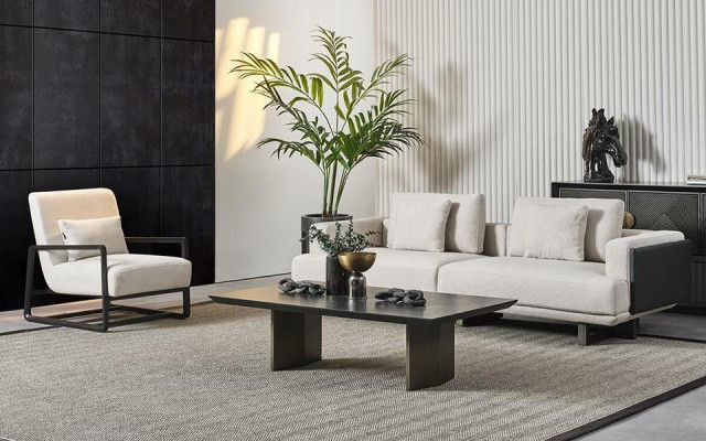 Κομψό καφέ καναπέ από ξύλο, 3 θέσεις και πολυθρόνα