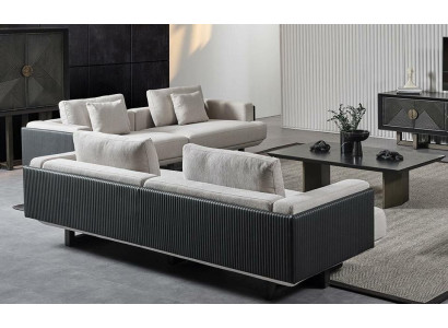 Σύνθεση επίπλων από καφέ ύφασμα με τραπέζι και καναπέδες