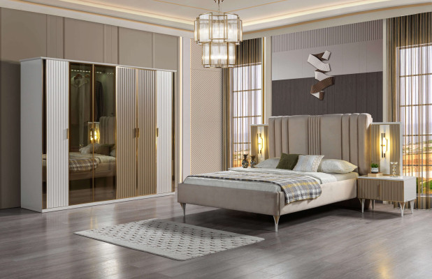 Σύνθεση επίπλων υπνοδωματίου με κρεβάτι, 2 κομοδίνα και μοντέρνα ντουλάπα, 4 κομμάτια