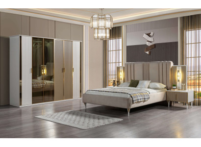 Σύνθεση επίπλων υπνοδωματίου με κρεβάτι, 2 κομοδίνα και μοντέρνα ντουλάπα, 4 κομμάτια