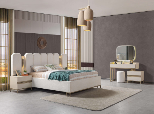 Τέλειο σετ επίπλων υπνοδωματίου, που περιλαμβάνει μια συρταριέρα, έναν καθρέφτη, ένα κρεβάτι και κομοδίνα