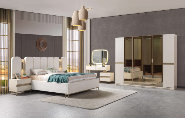 Σύνθεση επίπλων κρεβατοκάμαρας Koko 6 τεμαχίων με μοντέρνο κρεβάτι, ντουλάπα και κομοδίνα