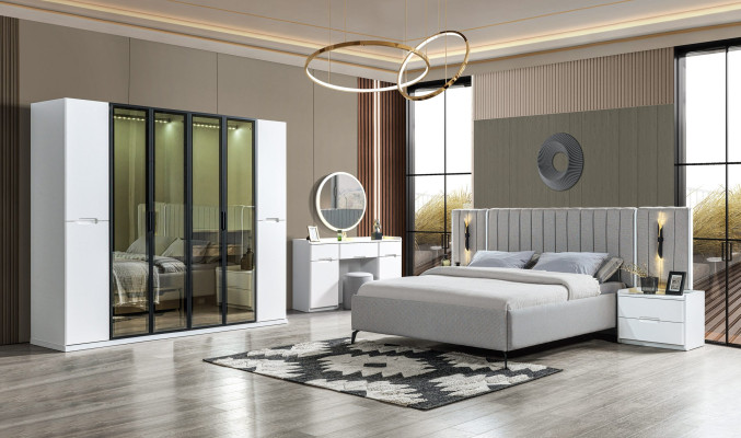 Σύνθεση επίπλων υπνοδωματίου 4 τεμαχίων κρεβάτι ντουλάπα κομοδίνα ξύλο 6 τεμαχίων