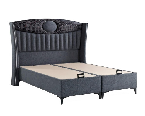 Κομψό γκρι κρεβάτι με ύφασμα και ξύλινο στρώμα