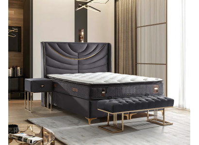 Κομψό γκρι κρεβάτι με στρώμα από ύφασμα και ξύλο