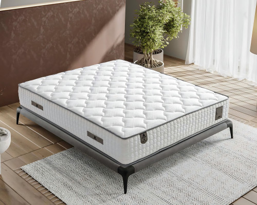 Κομψό γκρι κρεβάτι με ύφασμα και ξύλινο στρώμα