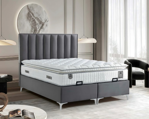 Κομψό γκρι κρεβάτι με στρώμα από ύφασμα και ξύλο