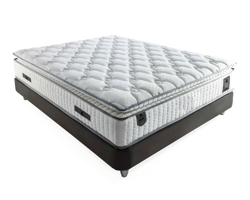 Κομψό γκρι κρεβάτι με στρώμα από ύφασμα και ξύλο