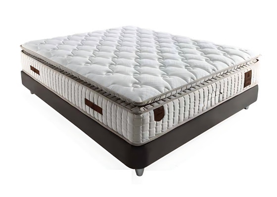 Κομψό κρεβάτι με μαξιλάρι από μπεζ ύφασμα