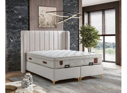 Κομψό κρεβάτι με καφέ ύφασμα