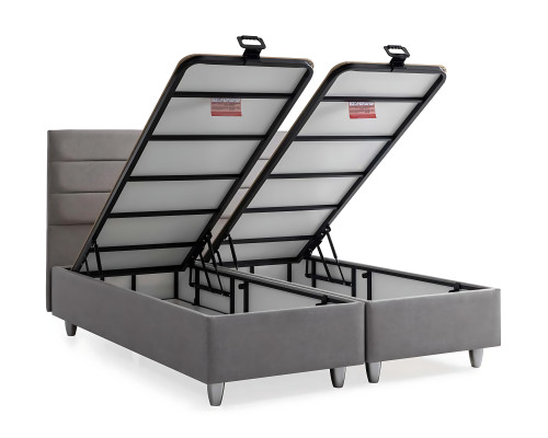 Κομψό γκρι κρεβάτι με ύφασμα και ξύλινο στρώμα