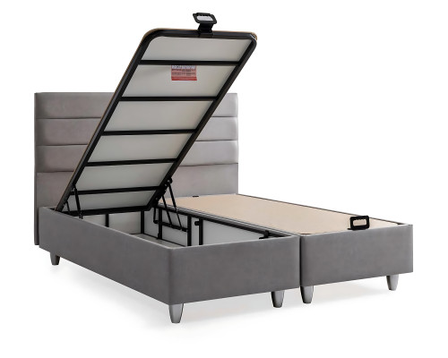 Κομψό γκρι κρεβάτι με ύφασμα και ξύλινο στρώμα