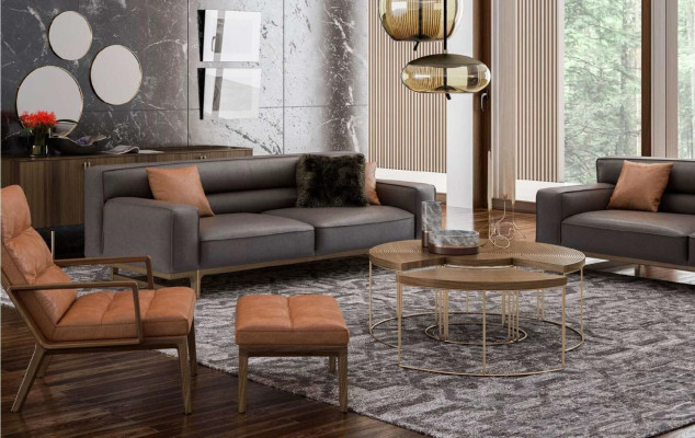Braune Wohnzimmer Sitzgarnitur Luxuriöser 3-Sitzer Stivloller Sessel Polsterhocker