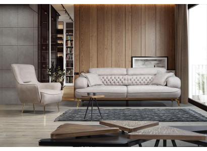 Sofa 3 Sitzer + Sessel Set Design Sofa Textil Sessel Wohnzimmer Neu