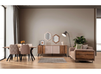 Moderne Esszimmer Möbel Beiger 3-Sitzer Esstisch Luxus 4x Stühle Spiegel