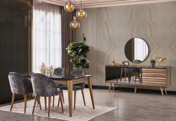 Komplette Braune Esszimmer Garnitur Esstisch 4x Stühle Sideboard 7tlg